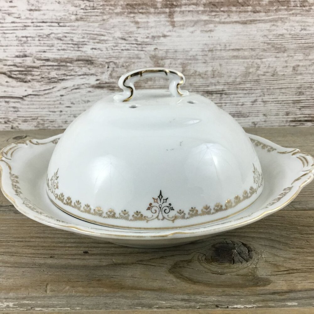 Covered Butter Dish and Strainer Victoria Austria Gold Trim Scalloped Handles
